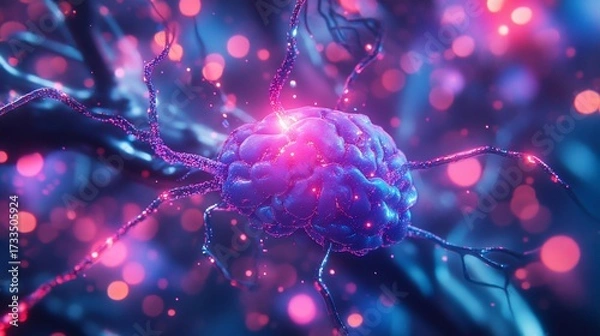 Fototapeta Illuminated brain neural network, abstract background, medical science