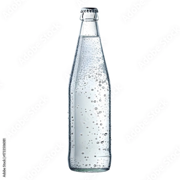 Fototapeta Realistic tall clear glass bottle filled with sparkling liquid and smooth reflective surface