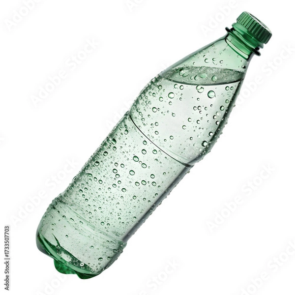 Fototapeta Realistic tilted green plastic bottle filled with liquid and smooth reflective surface