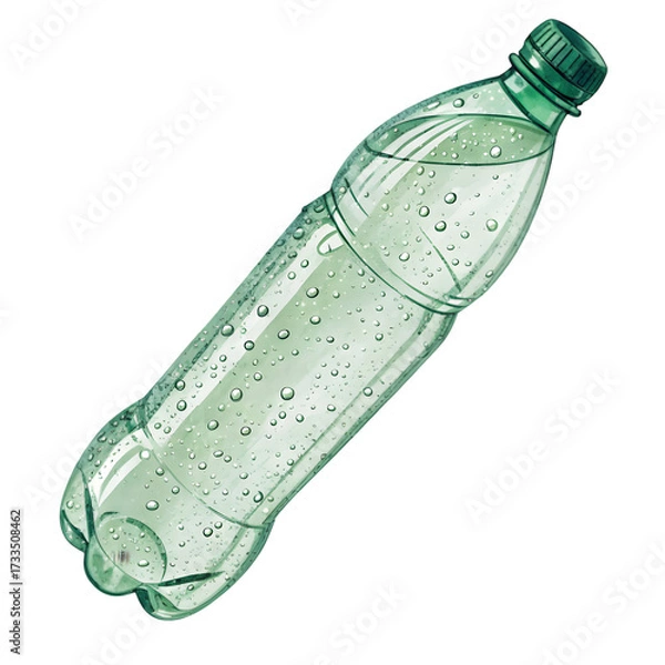 Fototapeta Realistic tilted green plastic bottle filled with liquid and smooth reflective surface