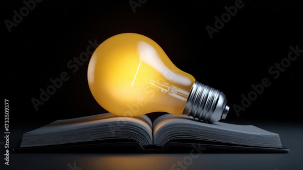 Fototapeta Light bulb glowing on open book symbolizing knowledge and bright ideas in dark setting