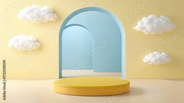 Fototapeta Bright yellow podium stands before a pastel blue arched doorway with fluffy white clouds against a soft yellow background