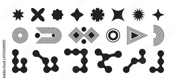 Fototapeta Abstract shape element, brutalist icon, geometry retro design. Y2k form, bauhaus style. Organic set, connect drop isolated on bg. Flower, star and sun, metaball. Black basic vector illustration