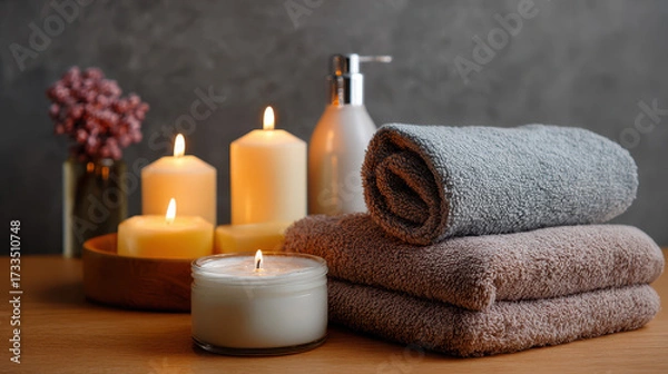 Fototapeta Soft towel stack with lit candle and lotion bottle creating warm and relaxing spa atmosphere on wooden surface