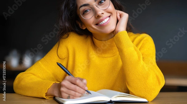 Fototapeta Smiling woman in yellow sweater writing in notebook with pen, wearing glasses, sitting at wooden table in cozy indoor setting