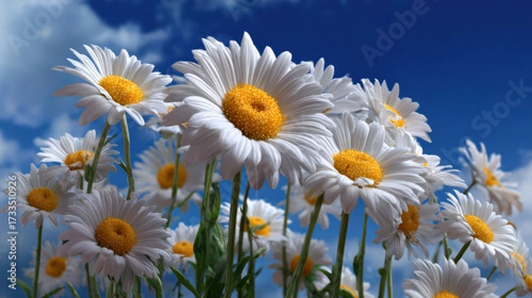 Fototapeta White daisy flowers with yellow centers bloom vibrantly under bright blue sky with soft clouds, creating cheerful natural scene