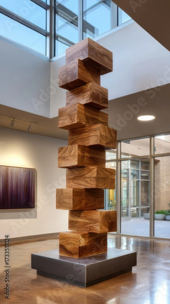 Fototapeta Wooden block sculpture in modern gallery with natural light and abstract art painting