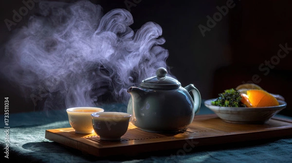 Fototapeta Steaming teapot and cups on wooden tray with fresh fruit and tea leaves, creating warm and cozy atmosphere