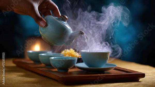 Fototapeta Steaming hot tea being poured from ceramic teapot into cup on wooden tray, creating warm and cozy atmosphere