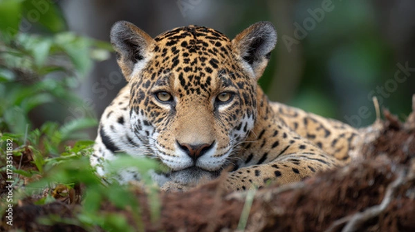 Fototapeta Leopard resting on forest floor with intense gaze and spotted fur pattern in natural habitat
