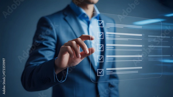 Fototapeta Man in suit interacting with digital checklist interface