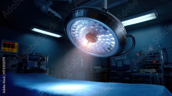 Fototapeta Surgical light shining on empty operating table in modern hospital operating room with medical equipment