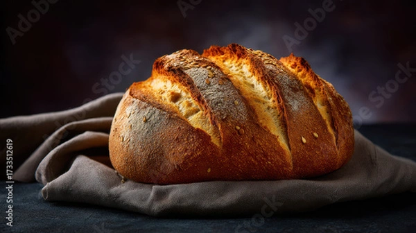 Fototapeta Freshly baked bread loaf with golden crust and sesame seeds resting on cloth, warm and appetizing