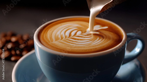 Fototapeta Latte art being poured into blue cup of coffee with coffee beans blurred in background, creating warm and inviting atmosphere