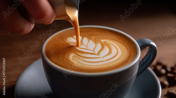 Fototapeta Latte art being poured into cup of coffee with creamy texture and warm tones, creating cozy and inviting atmosphere