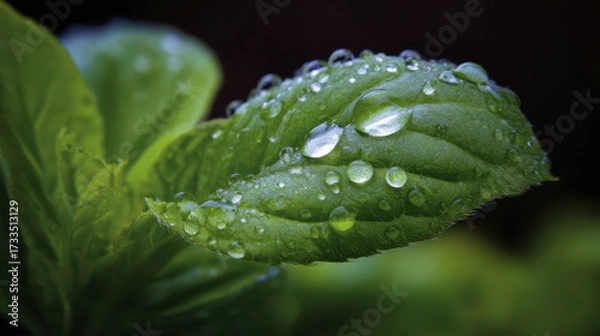 Fototapeta Green leaf with water droplets close up macro photography showing fresh nature and moisture