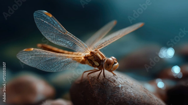 Fototapeta Dragonfly close up on stone with transparent wings and detailed body in natural environment with soft bokeh light