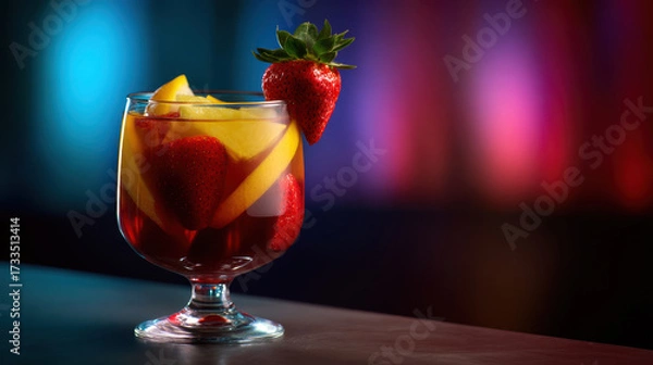 Fototapeta Fresh strawberry and lemon slices in glass with vibrant colorful background creating refreshing and appetizing look