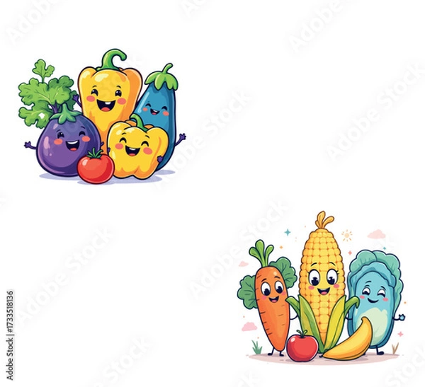 Fototapeta Vsai happy cartoon fruit and vegetable characters smiling together