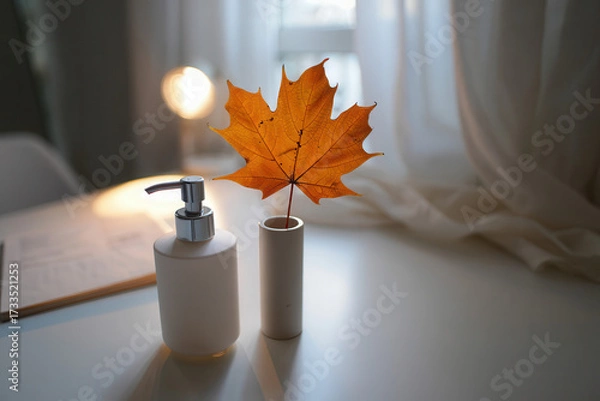 Fototapeta Autumn maple leaf in a vase next to a dispenser on a table with soft window light