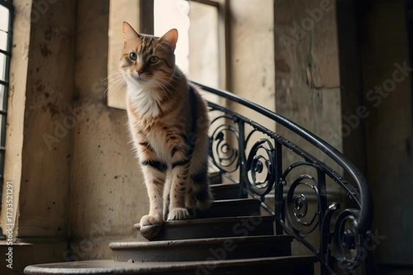 Fototapeta cat sitting on the roof on stairs in the house, looking beautiful cat sitting on stairs in the house, pet, cat