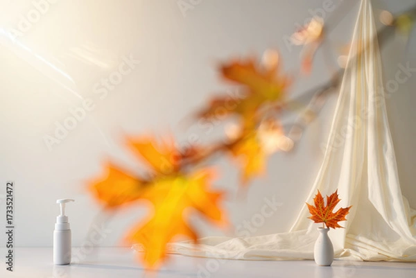 Fototapeta Autumn leaves in a still life arrangement with soft draped fabric and soft light
