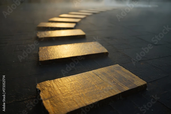 Fototapeta Golden stepping stones curving into a misty atmospheric background with soft light