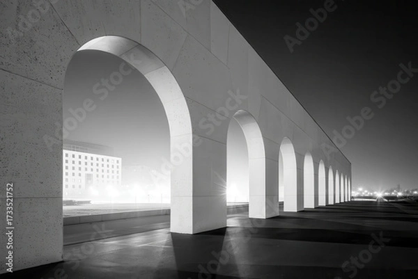 Fototapeta Modern arches and columns illuminated at night with dramatic lighting