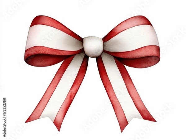 Obraz A whimsical Christmas bow with candy cane stripes in red and white watercolor illustration soft and playful design isolated on a white background. Festive holiday ribbon peppermint