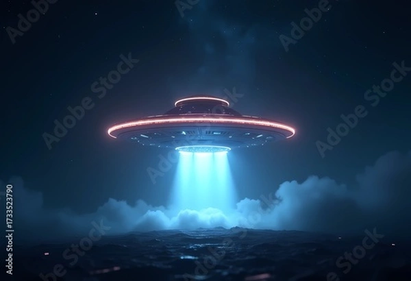 Fototapeta Mysterious spaceship background 4k hovering UFO with glowing blue beam descending over ocean in cinematic night sky