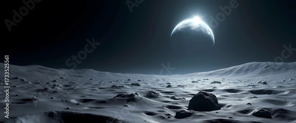 Fototapeta Stunning moon surface view with Earth rising, perfect spaceship background 4k cinematic landscape for sci-fi and space exploration themes