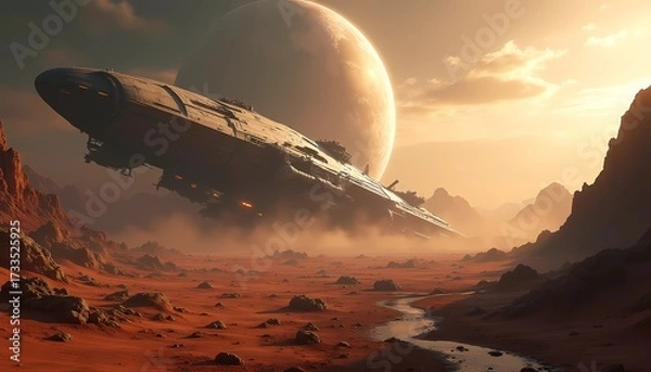 Fototapeta Massive spaceship landing on alien red planet at sunset, spaceship background 4k dramatic landscape for sci-fi and interstellar exploration themes