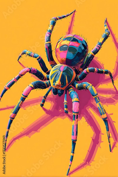 Fototapeta Colorful spider illustration on a vibrant yellow background showcasing intricate details and shadows