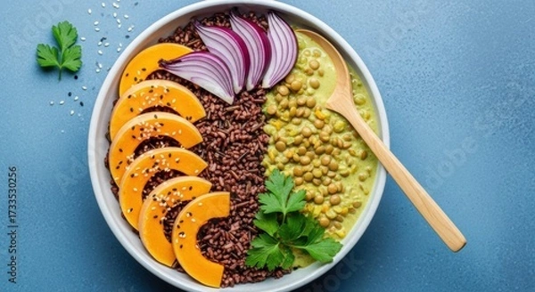 Fototapeta Overhead shot of a colorful bowl with rice lentils squash and onion on a blue background