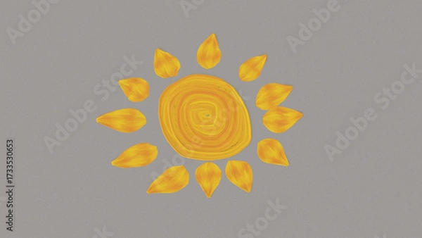 Fototapeta Painted yellow sun with circular center and petal shaped rays on gray background