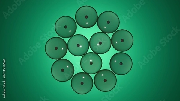 Fototapeta Cluster of green biological cells with visible nuclei on abstract background