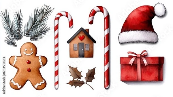 Fototapeta Christmas decoration set. Hand drawn watercolor painting set of a christmas elements Gingerbread home santa hat candy cane gift box isolated on white background. Festive watercolor