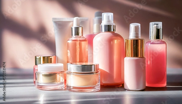Fototapeta Close-up view of skincare and cosmetic product mockups, including serum bottles, cream jars, and facial cleanser tubes, arranged on a clean minimalistic background with soft natural lighting