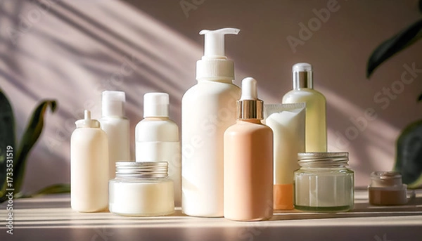 Fototapeta Close-up view of skincare and cosmetic product mockups, including serum bottles, cream jars, and facial cleanser tubes, arranged on a clean minimalistic background with soft natural lighting