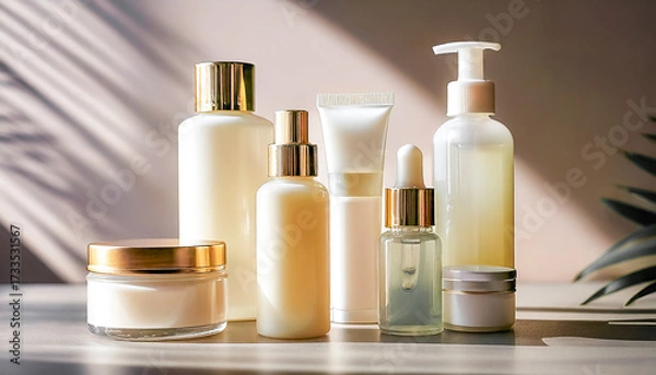 Fototapeta Close-up view of skincare and cosmetic product mockups, including serum bottles, cream jars, and facial cleanser tubes, arranged on a clean minimalistic background with soft natural lighting