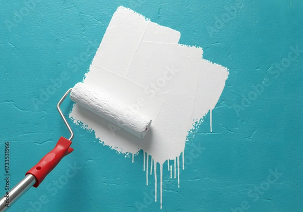Fototapeta A paint roller with white paint is painting a blue wall, creating a textured surface and dripping effect, isolated on white background