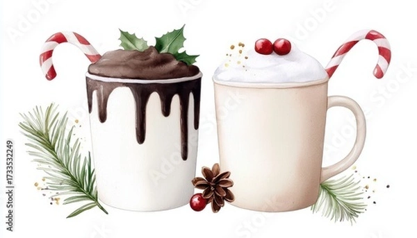 Obraz Christmas Hot Cocoa Mugs Watercolor. Festive winter beverage container art hand painted cozy holiday drinkware image warm chocolate cup graphic seasonal celebration element artistic