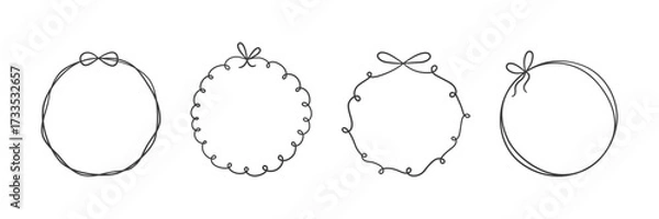 Fototapeta Bow circle coquette frame set. Vintage lace ribbon round border. Hand drawn circle line frame with bow. Doodle girly decorative pink border. Vector illustration isolated on white background.