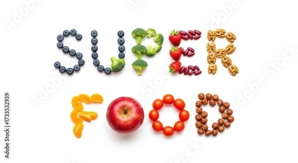 Fototapeta Superfood spelled out with various fruits vegetables and nuts on a white background studio shot