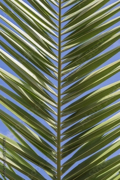 Fototapeta Palm tree leaves on a sunny day with bright blue sky background. Tropical summer nature scene representing holidays, freedom, eco-friendly living, relaxation, and exotic beach paradise atmosphere.