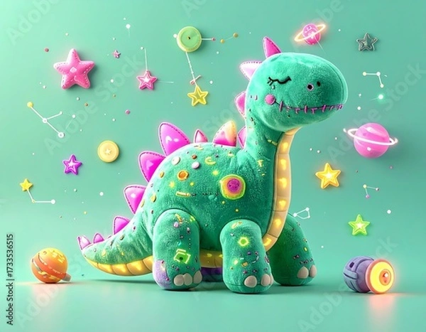 Fototapeta Adorable stuffed dinosaur with cosmic elements on turquoise background