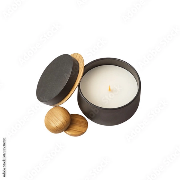 Fototapeta Scented candle in dark jar, wooden lid and two small wooden disks on transparent background. New Year aroma concept.