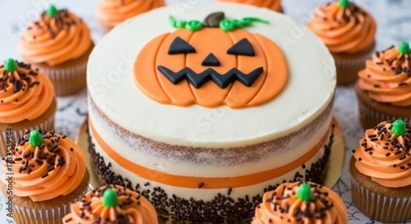 Fototapeta A halloween themed cake with a pumpkin face surrounded by orange frosted cupcakes with sprinkles