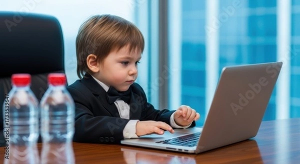 Fototapeta A young boy in a suit working on a laptop with water bottles on a desk in an office setting indoors