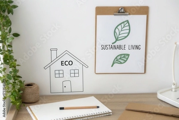 Obraz Simple house sketch with leaf icon representing sustainable living